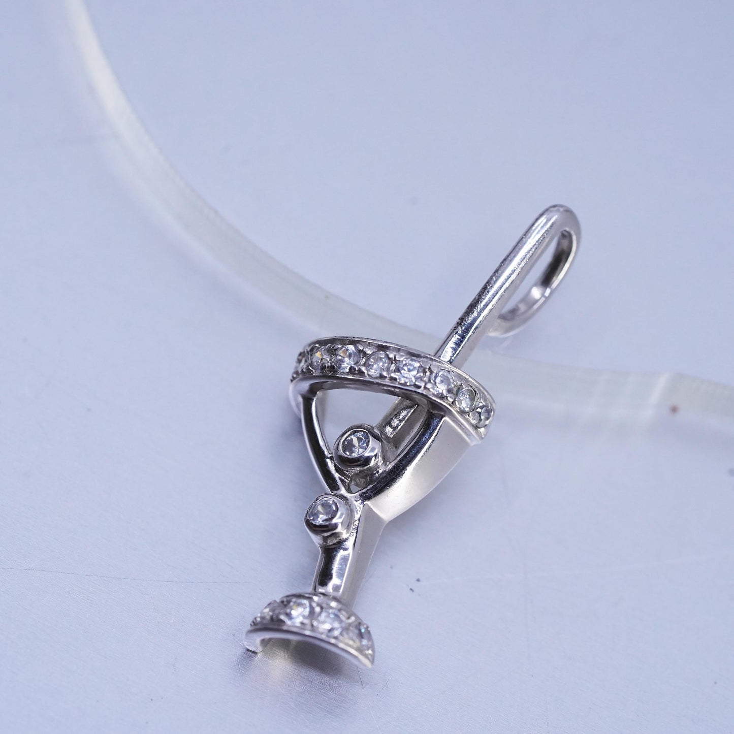 Vintage sterling 925 silver cocktail glass pendant with cluster Cz