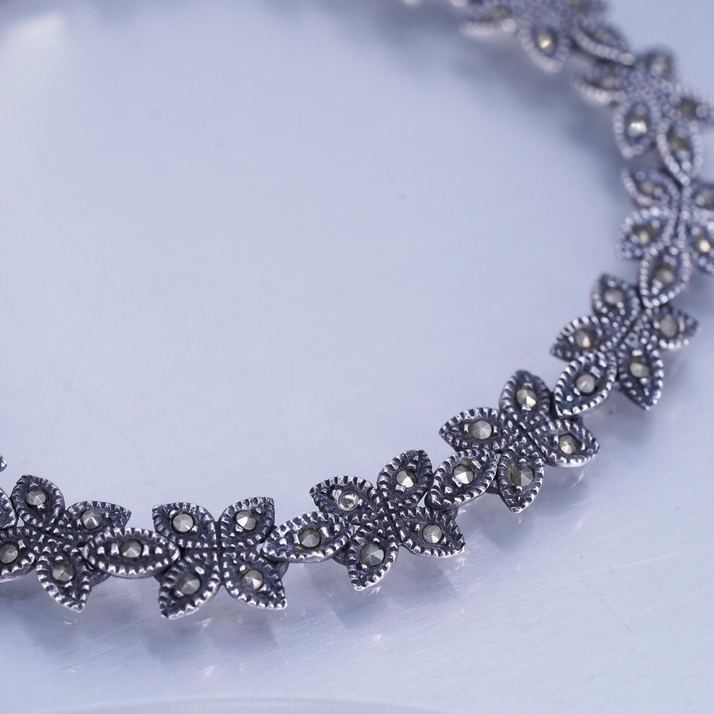 7.5”, VTG Sterling 925 silver handmade bracelet, marcasite floral tennis chain