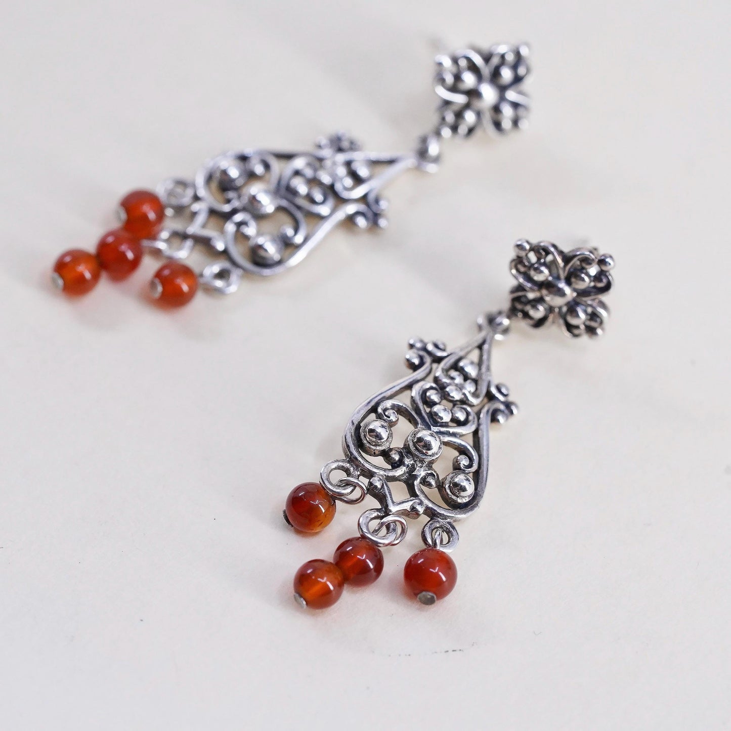 Vintage Sterling silver 925 handmade swirly filigree earrings carnelian beads