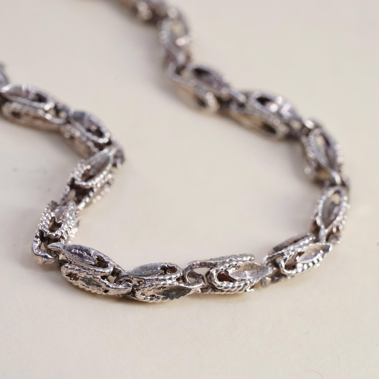 7.75", VTG Sterling 925 Silver Marquise Chain, Textured Organic Leaf Bracelet