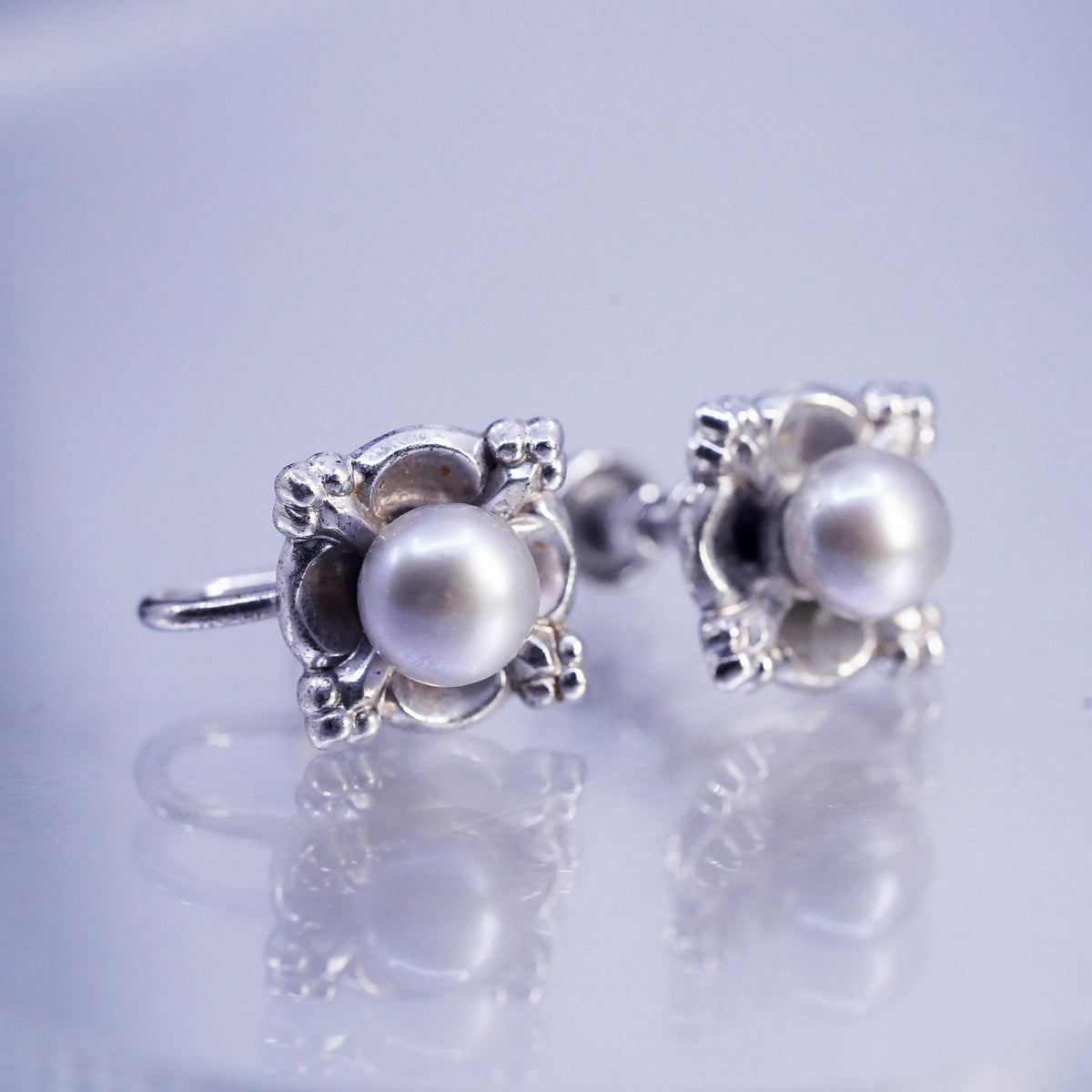Vintage AMCO Sterling 925 Silver Handmade Screw Back Earrings With gray pearl