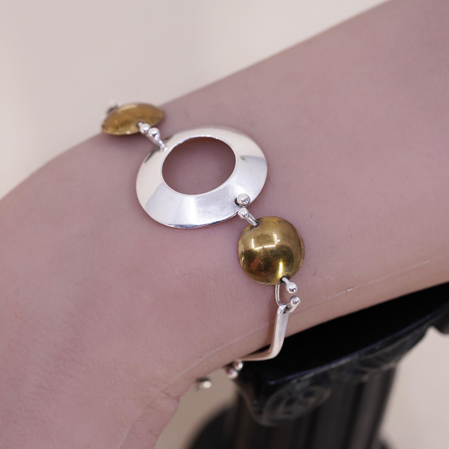 6.25”, Vintage Mexican two tone sterling silver bracelet, 925 disc chains brass