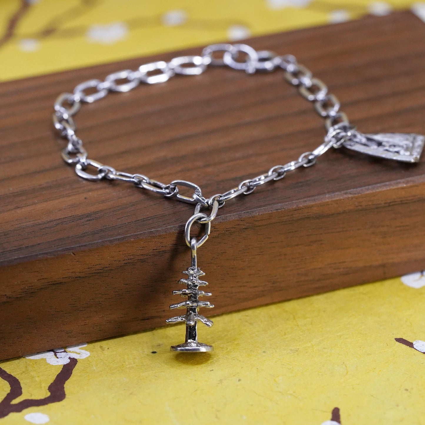 6.5”, Sterling silver 925 curb chain bracelet 2 charms, Christmas tree Baptism