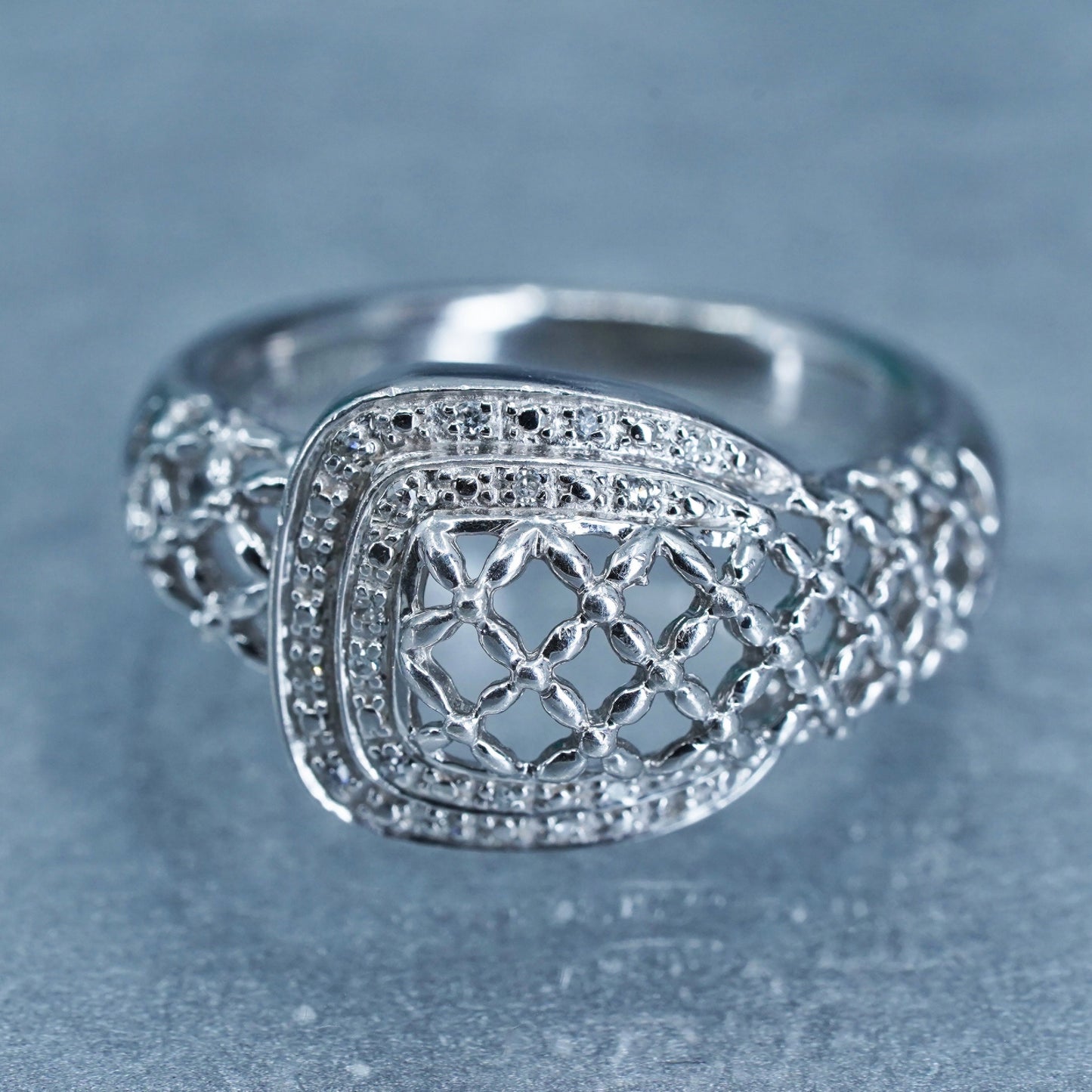 Size 9, vintage Sterling 925 silver handmade ring, filigree belt band diamonds