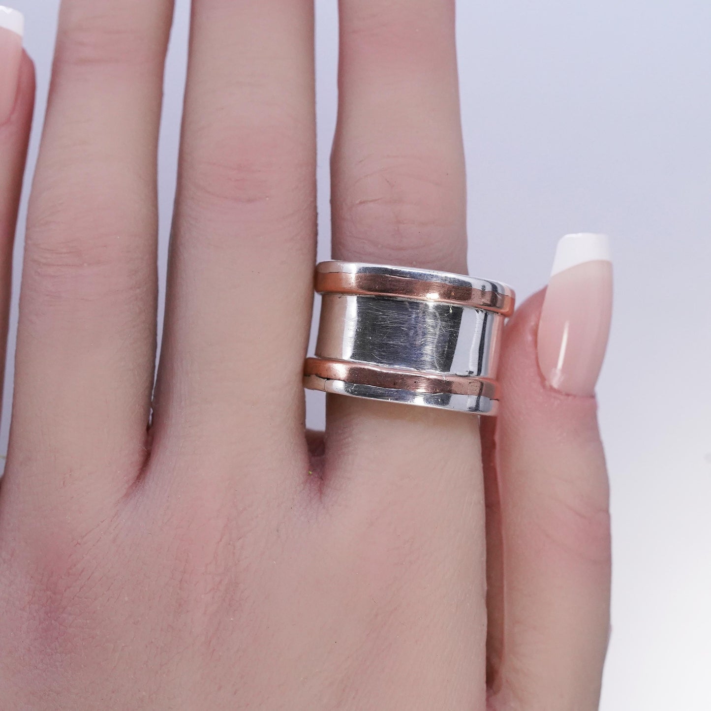 Size 10.5, southwestern Two Tone Sterling Silver Ring, 925 wide Band copper