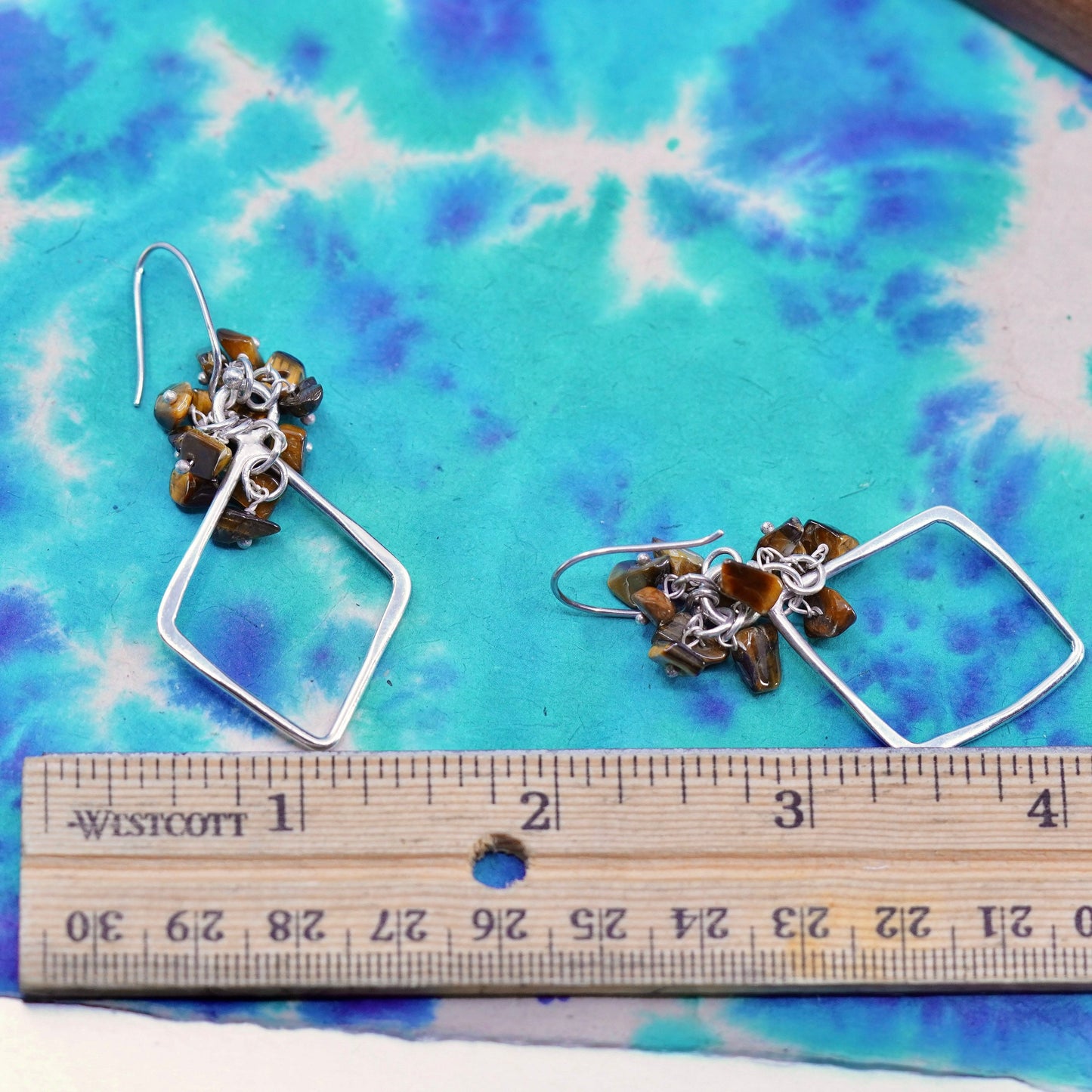 Sterling silver earrings, 925 diamond drops cluster golden tiger eye beads