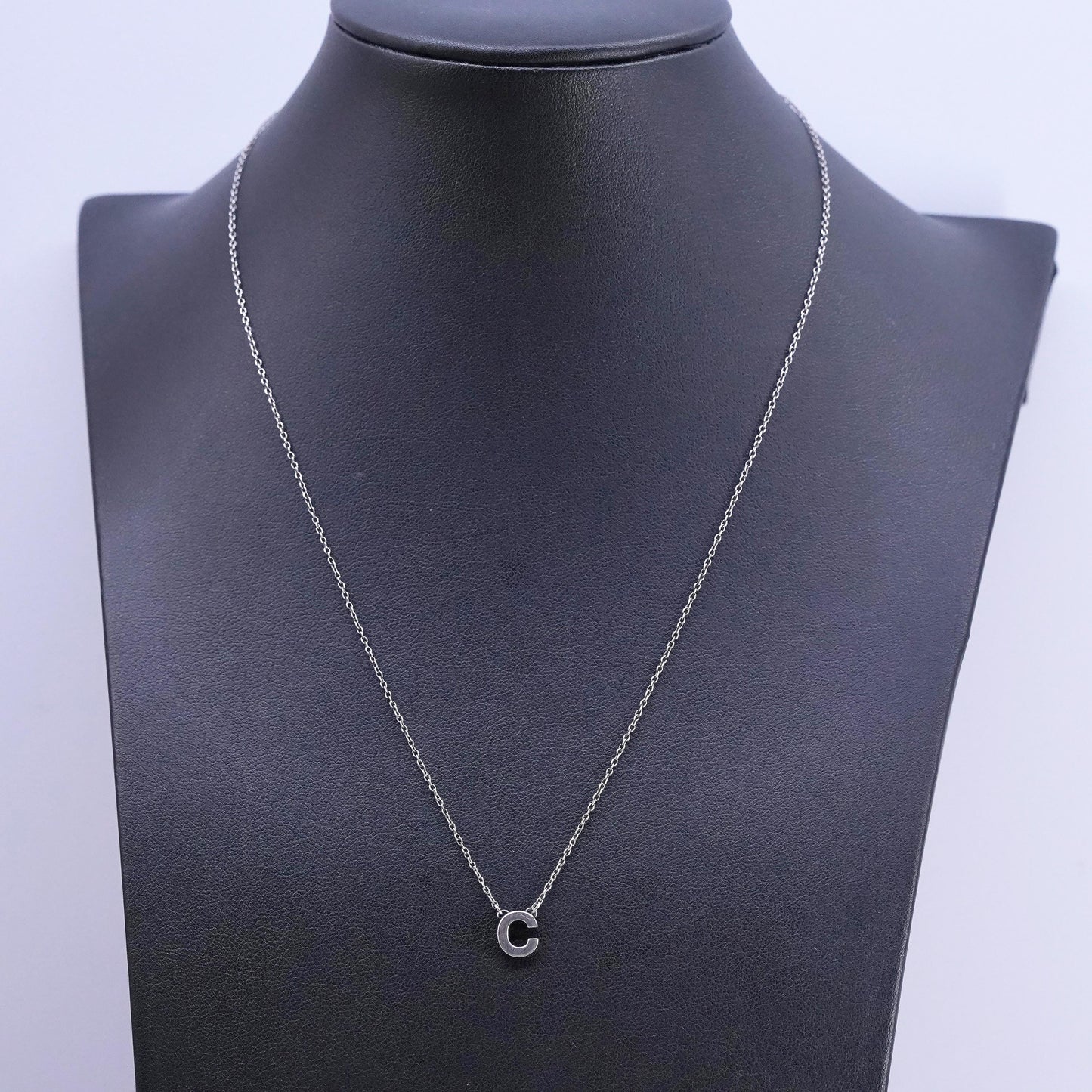 18" 1mm, vintage Sterling silver necklace, 925 circle chain letter C pendant