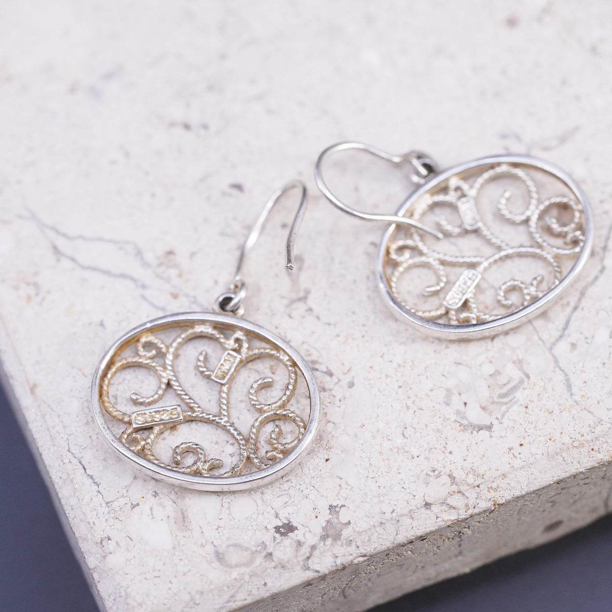 Vintage sterling silver handmade earrings, 925 filigree oval dangles