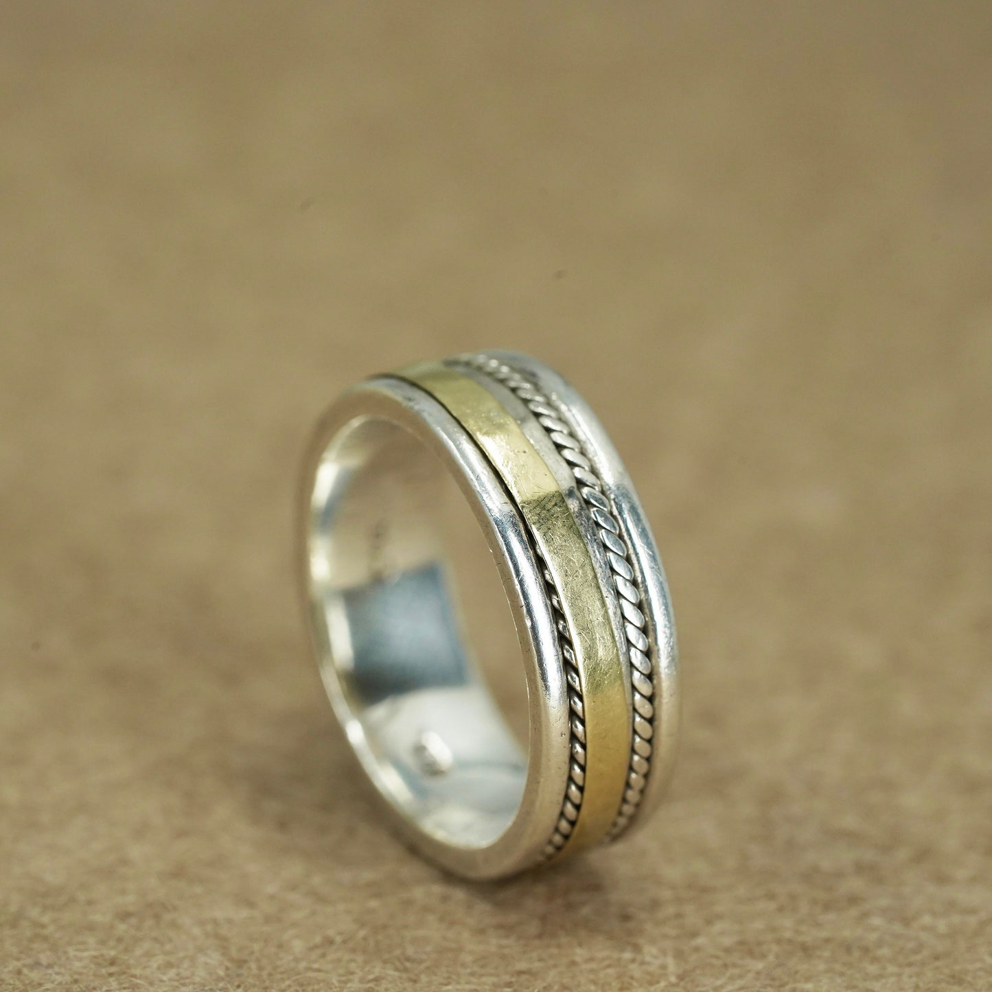 Size 9.25, vintage two tone 10K Sterling 925 silver wedding ring, band