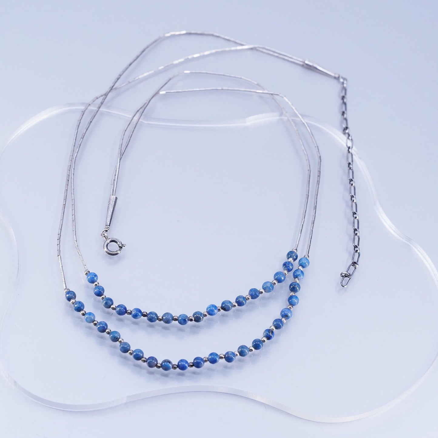 20+4”, Native American Sterling 925 liquid silver double strands necklace lapis