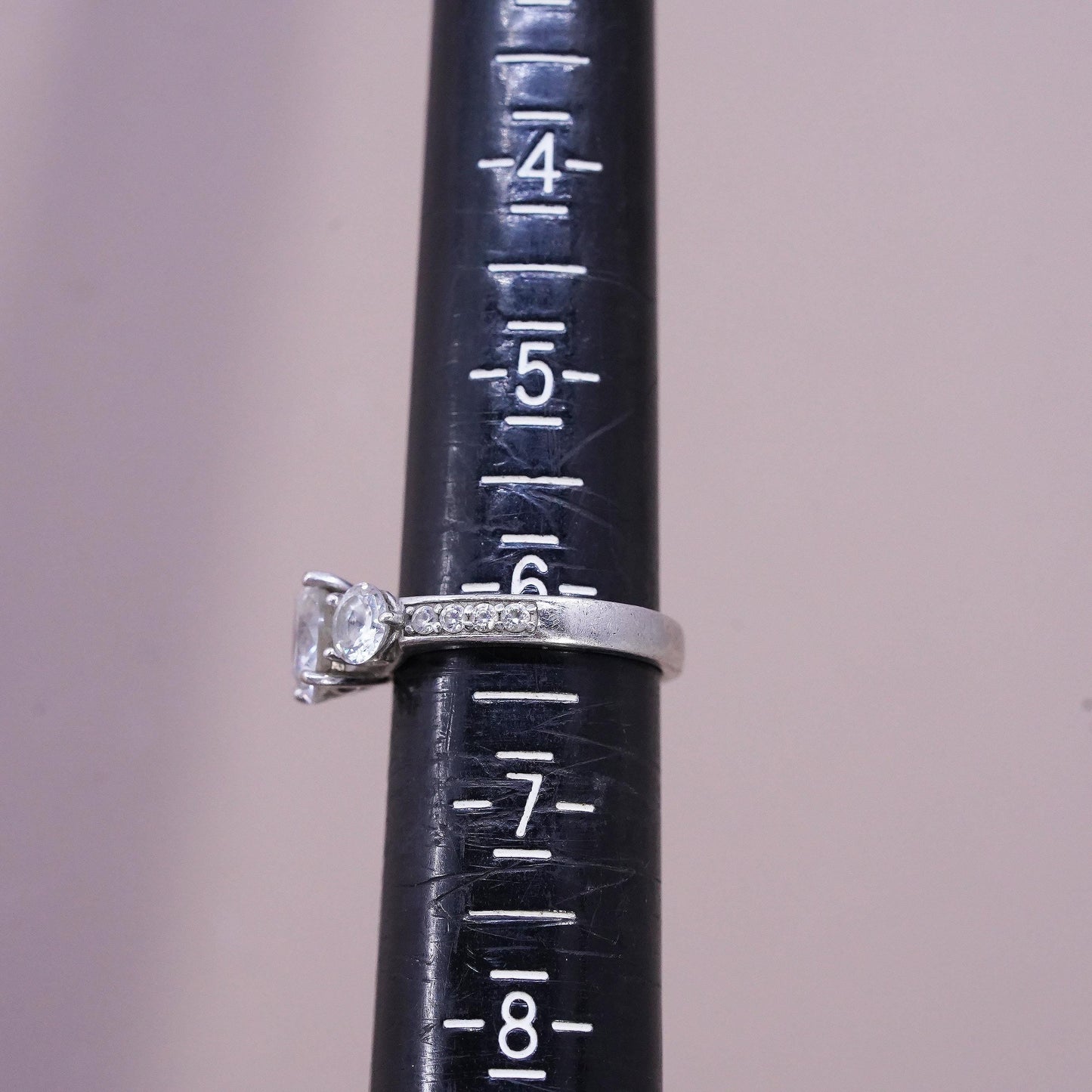 Size 6, vintage Sterling 925 silver engagement ring with cluster Cz around
