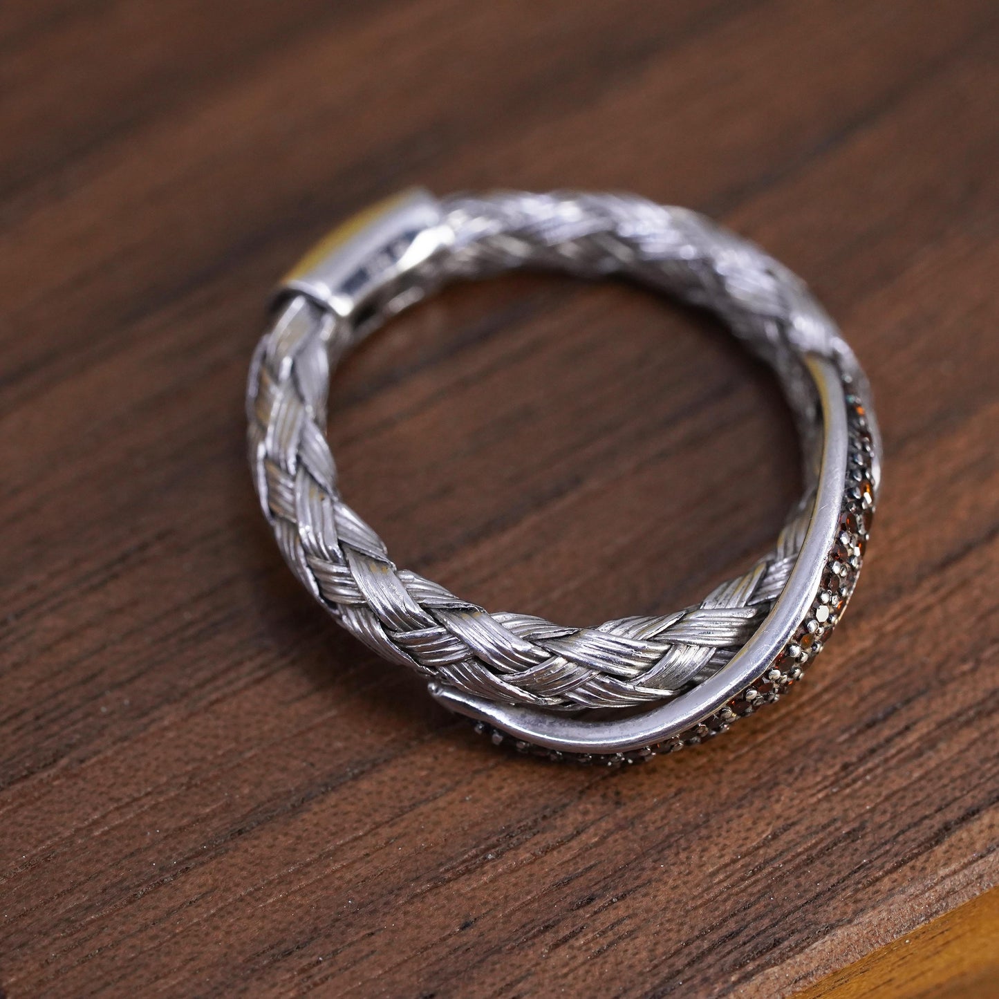 Size 7.5, Designer JS Sterling 925 silver woven braided ring cluster citrine