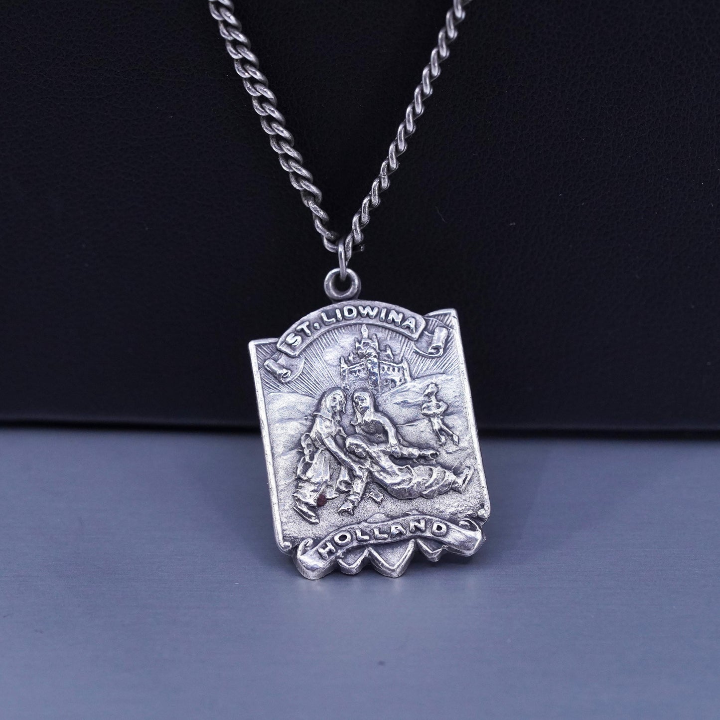 24”, VTG Sterling 925 silver curb necklace with St Lidwina Holland tag pendant