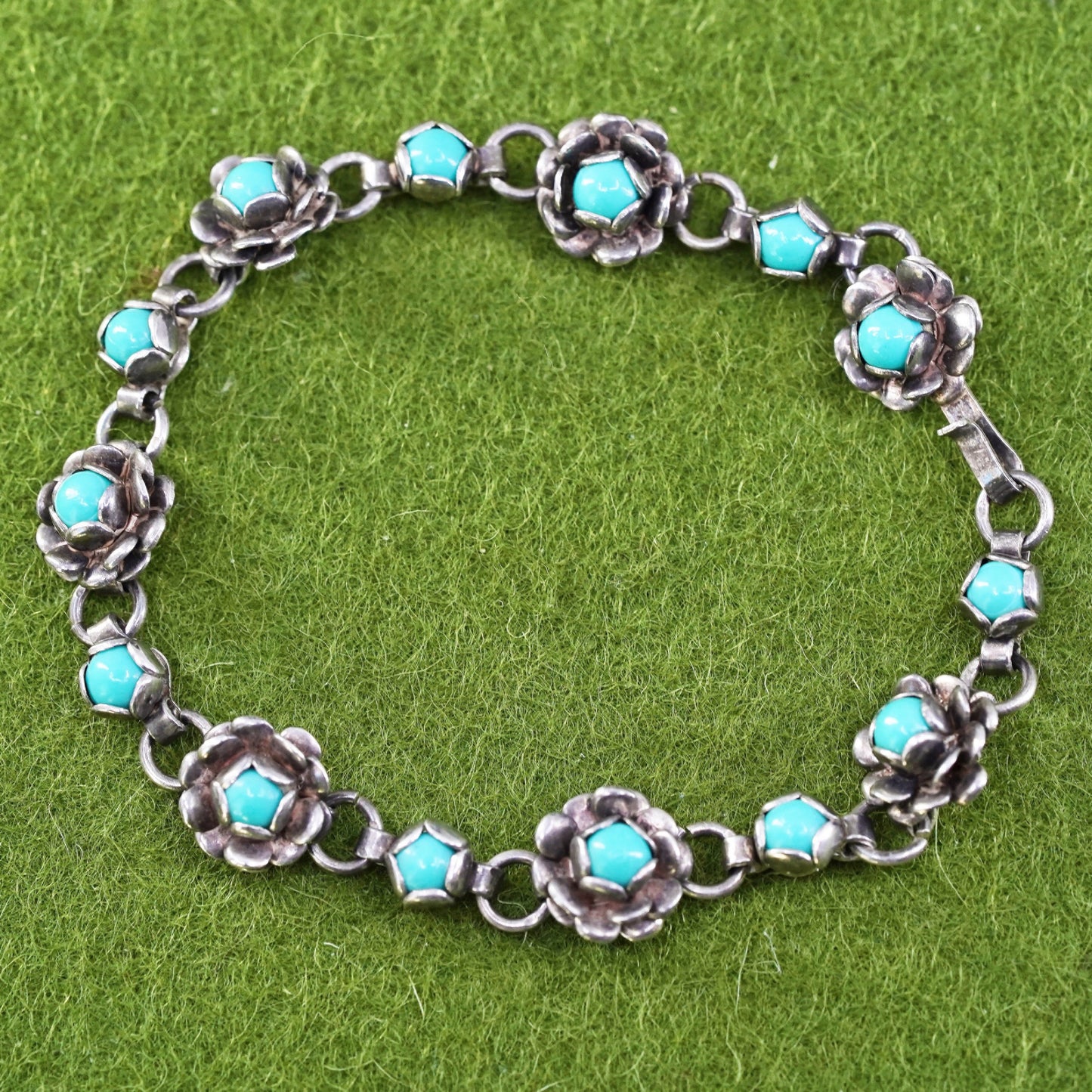 6.25", Sterling silver handmade bracelet, Mexico 925 flower with turquoise