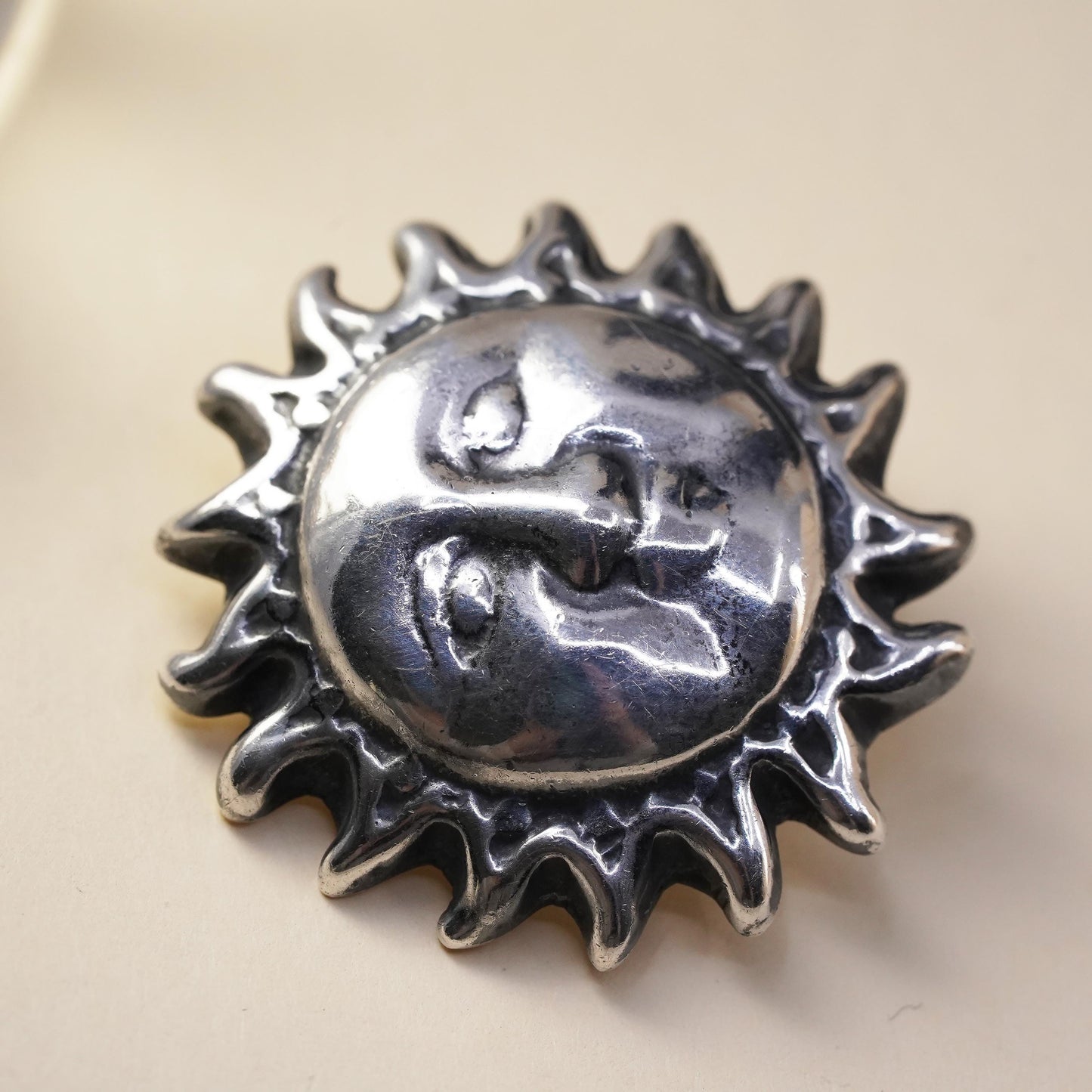 VTG Mexico sterling silver handmade single earring, 925 silver sun face clip on