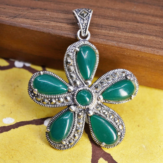 Vintage Sterling 925 silver handmade flower pendant with jade and marcasite