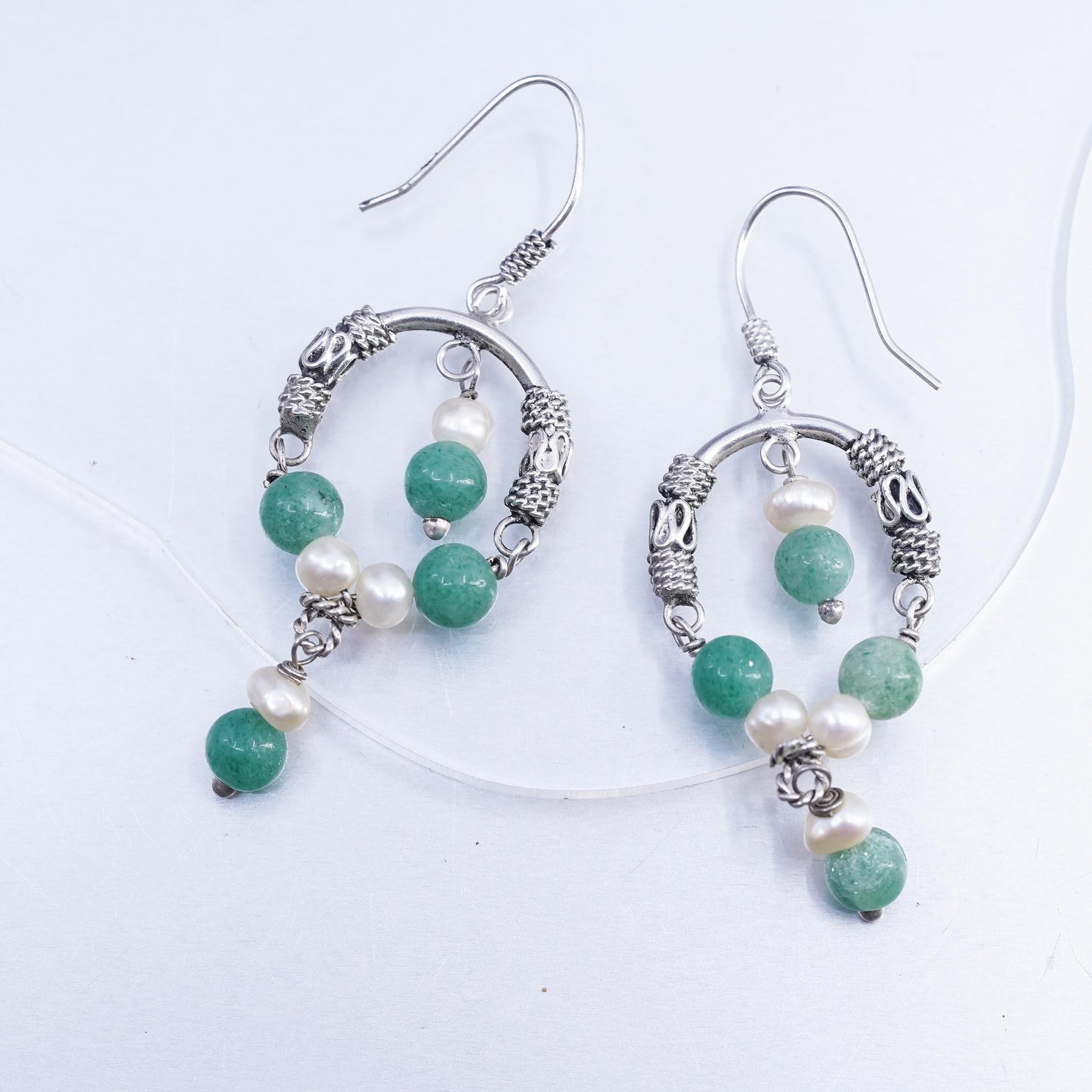 Vintage Sterling 925 silver handmade wired circle earrings jade pearl beads