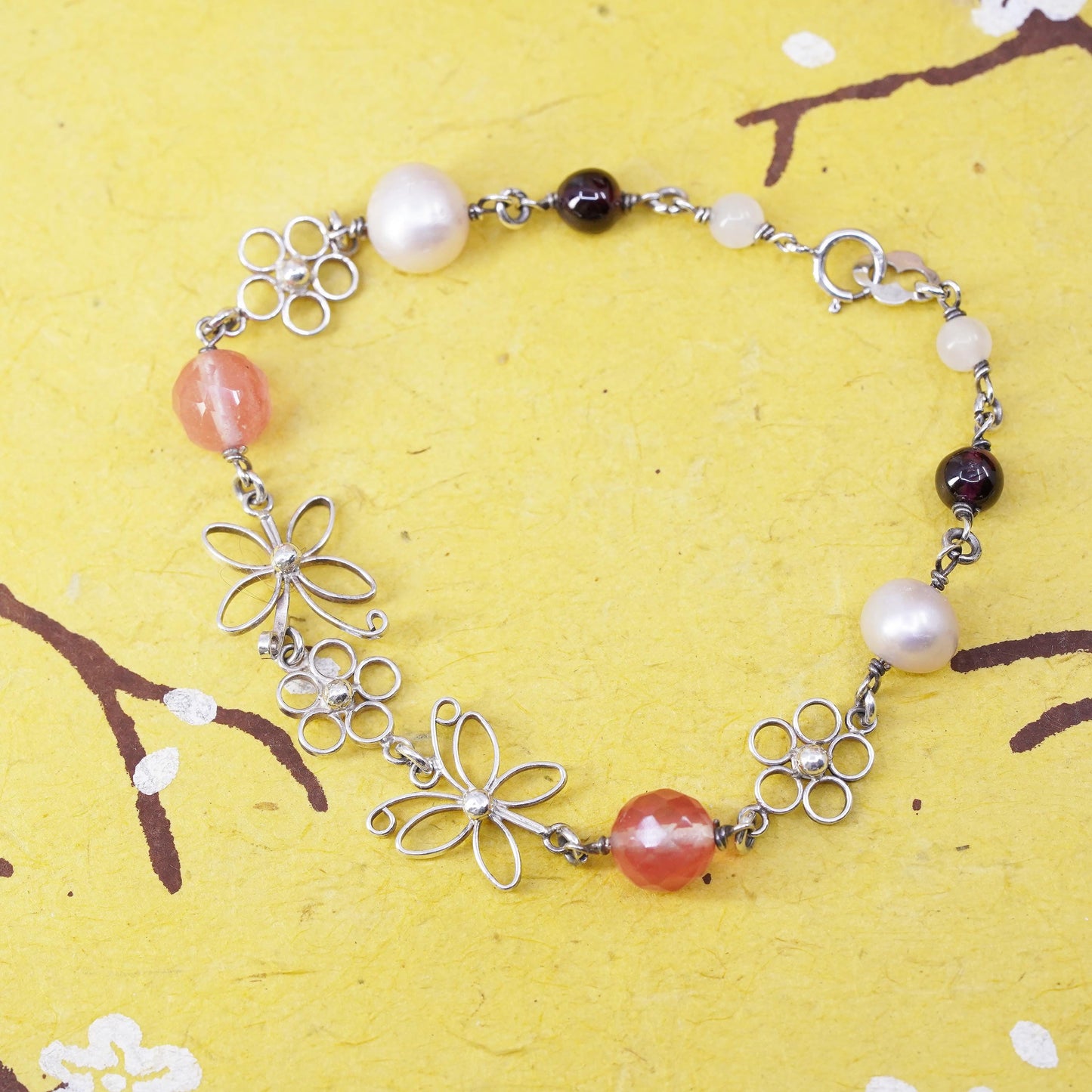 7", VTG Sterling 925 silver butterfly flower bracelet rose pink quartz pearl