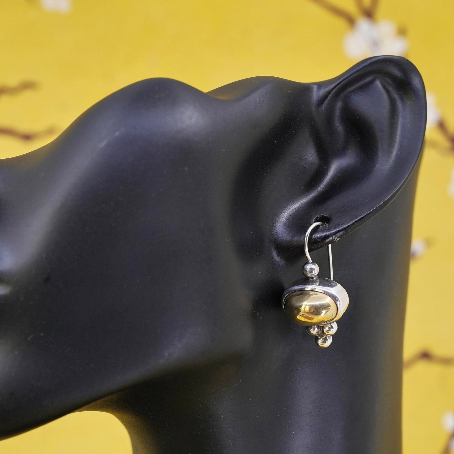 two tone Sterling silver handmade earrings, Mexican 925 hoops with brass beads