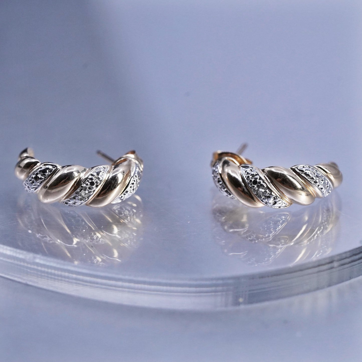 0.75", vermeil gold plated Sterling silver earrings, 925 huggie studs diamonds