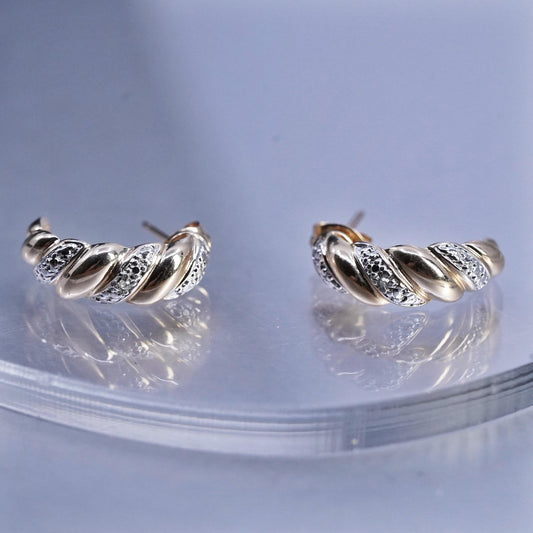 0.75", vermeil gold plated Sterling silver earrings, 925 huggie studs diamonds