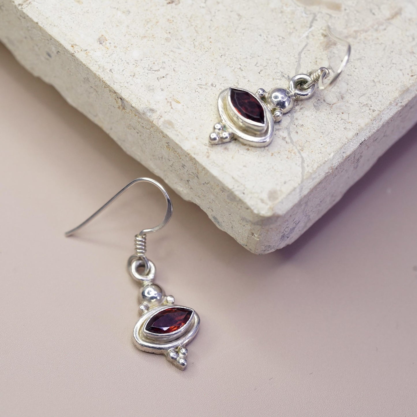 Vintage sterling 925 silver handmade earrings with garnet and beads