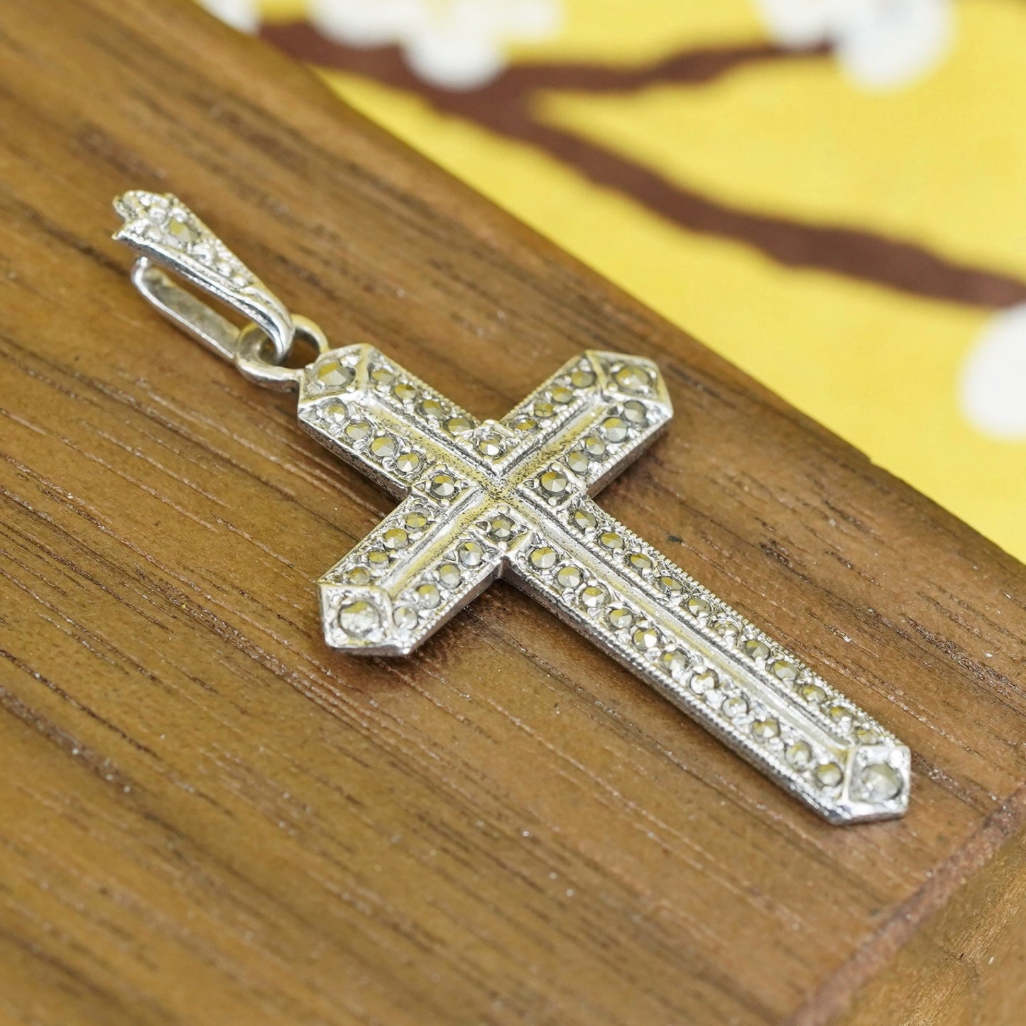 art deco KD Sterling silver handmade pendant, 925 cross with marcasite inlay