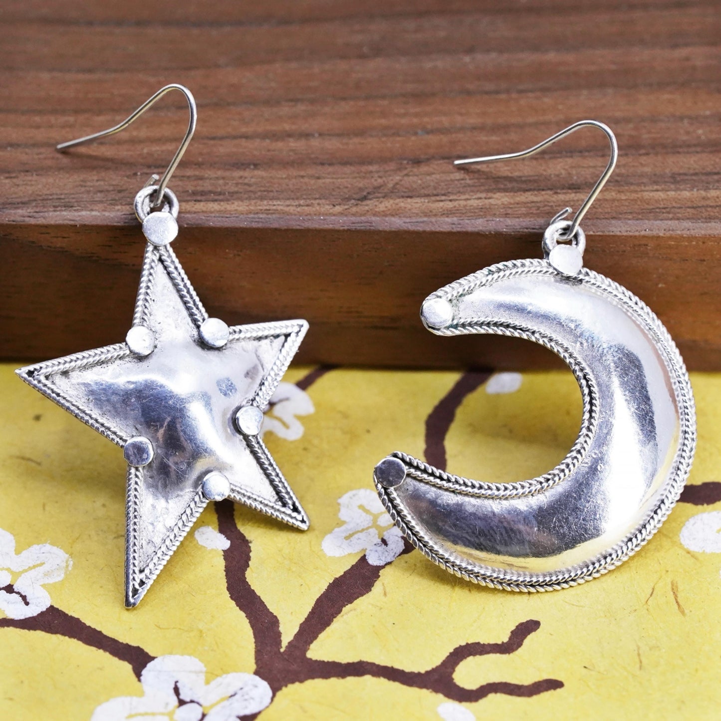Vintage sterling silver handmade earrings, 925 moon and star drops