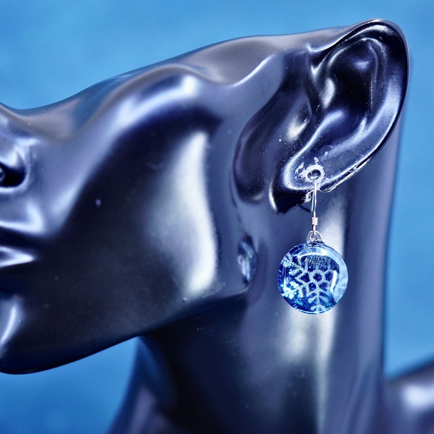sterling silver earrings, 925 hooks with snowflake foiled glass drops
