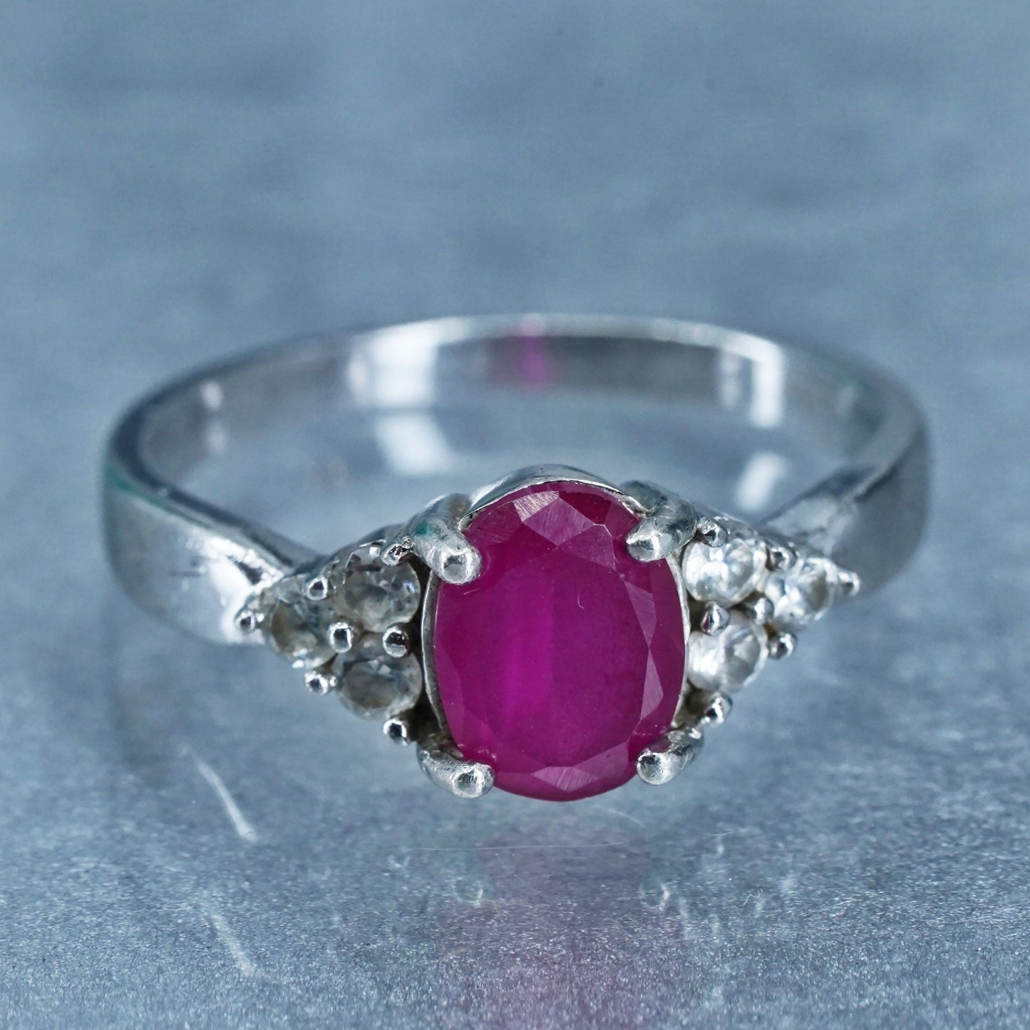 Size 8, vintage Sterling 925 silver engagement ring with ruby and cz