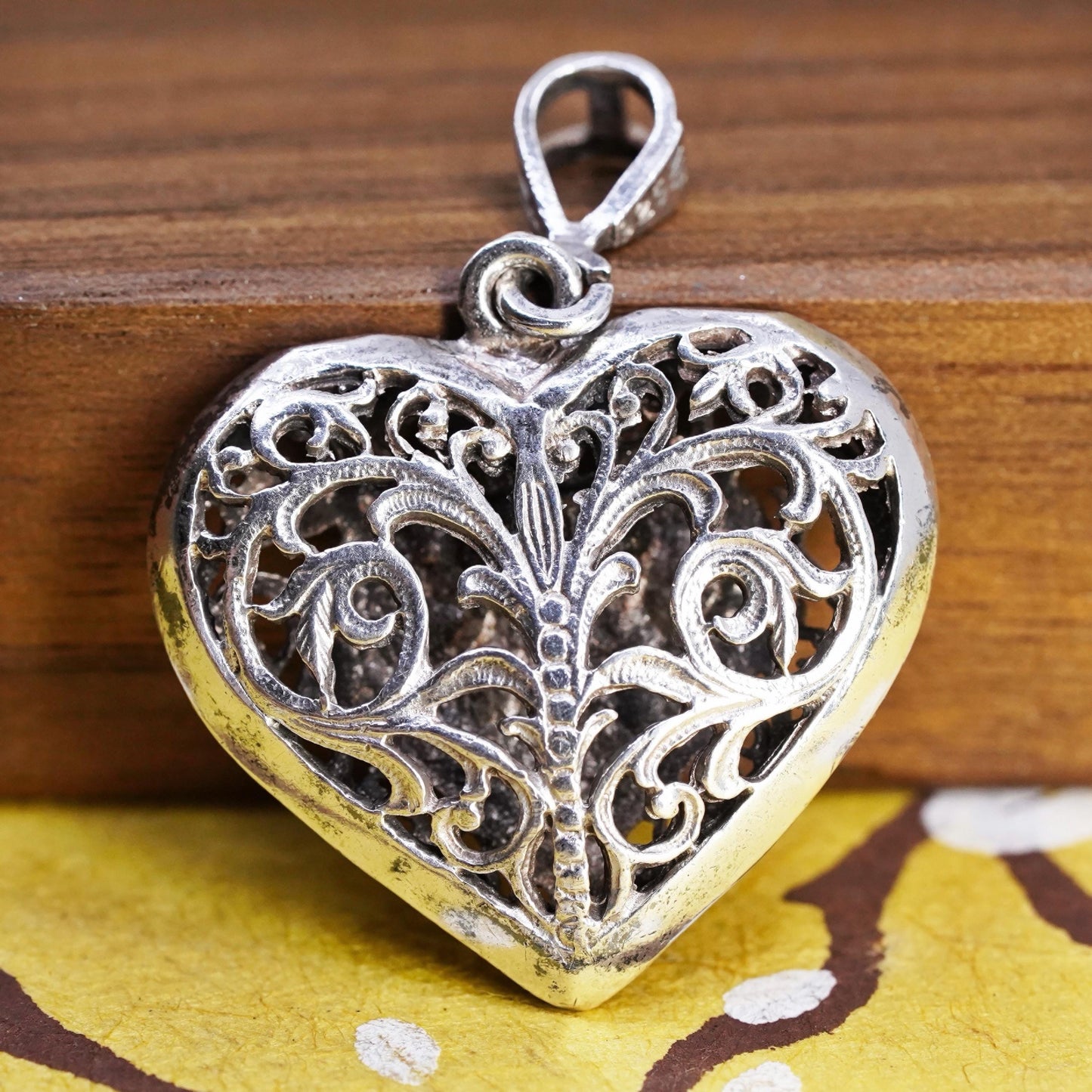 VTG Sterling silver handmade double side pendant, 925 filigree heart pendant