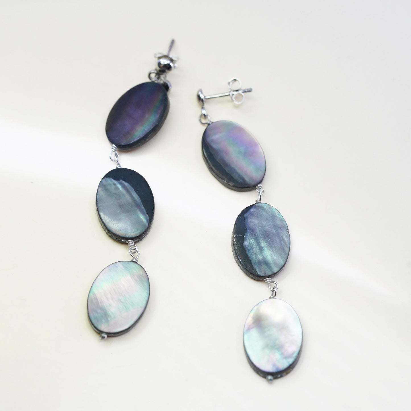 Vintage sterling 925 silver handmade long earrings with oval abalone dangles