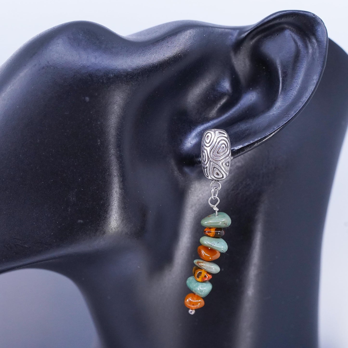 Indonesia handmade Sterling Silver handmade earrings, Turquoise Amber beads