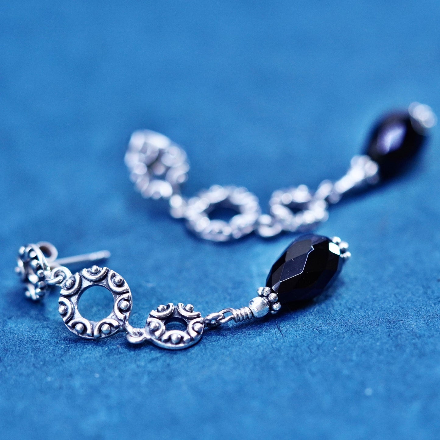 Vintage Sterling 925 silver handmade earrings with teardrop obsidian