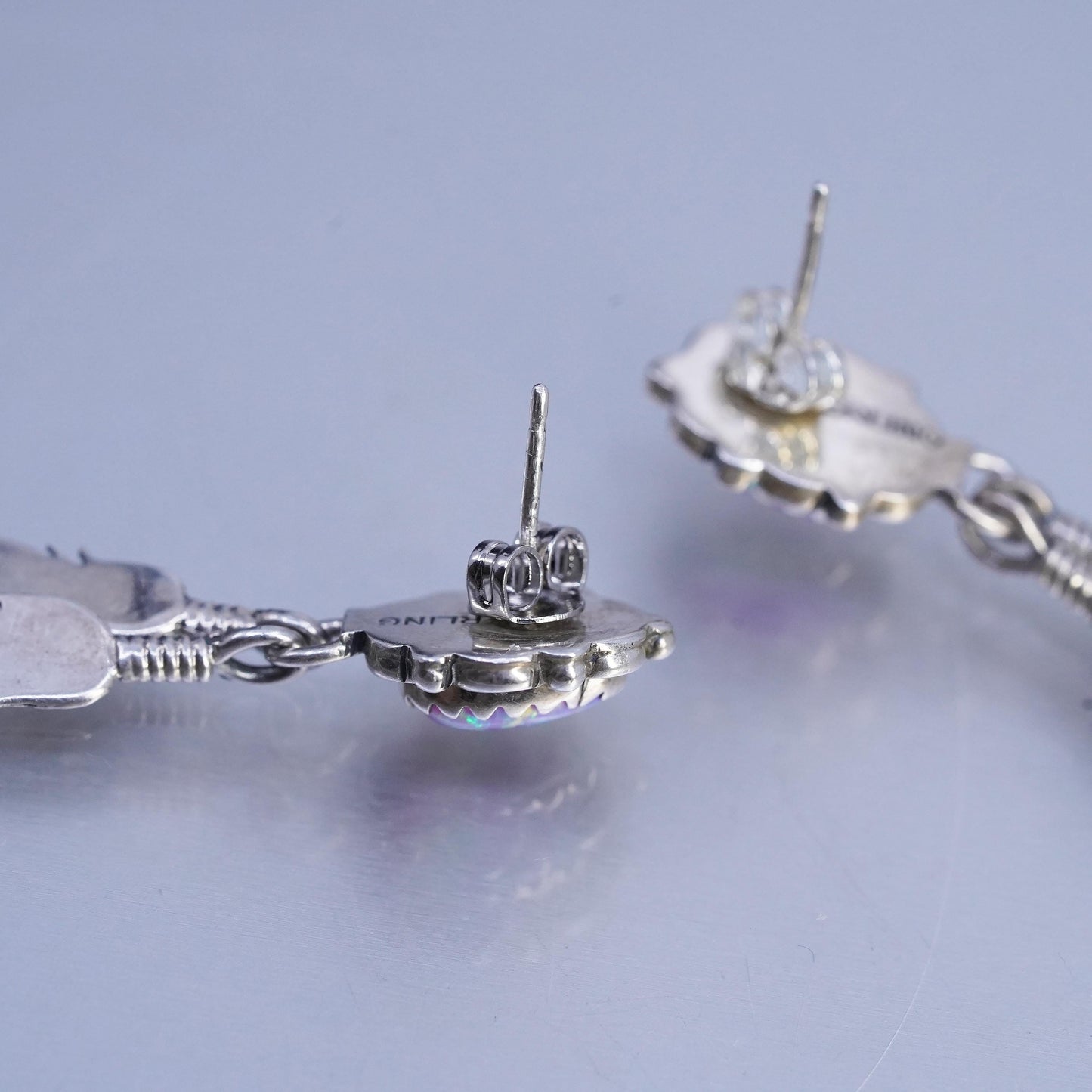 VTG Sterling silver handmade earrings, 925 teardrop studs opal feather dangles