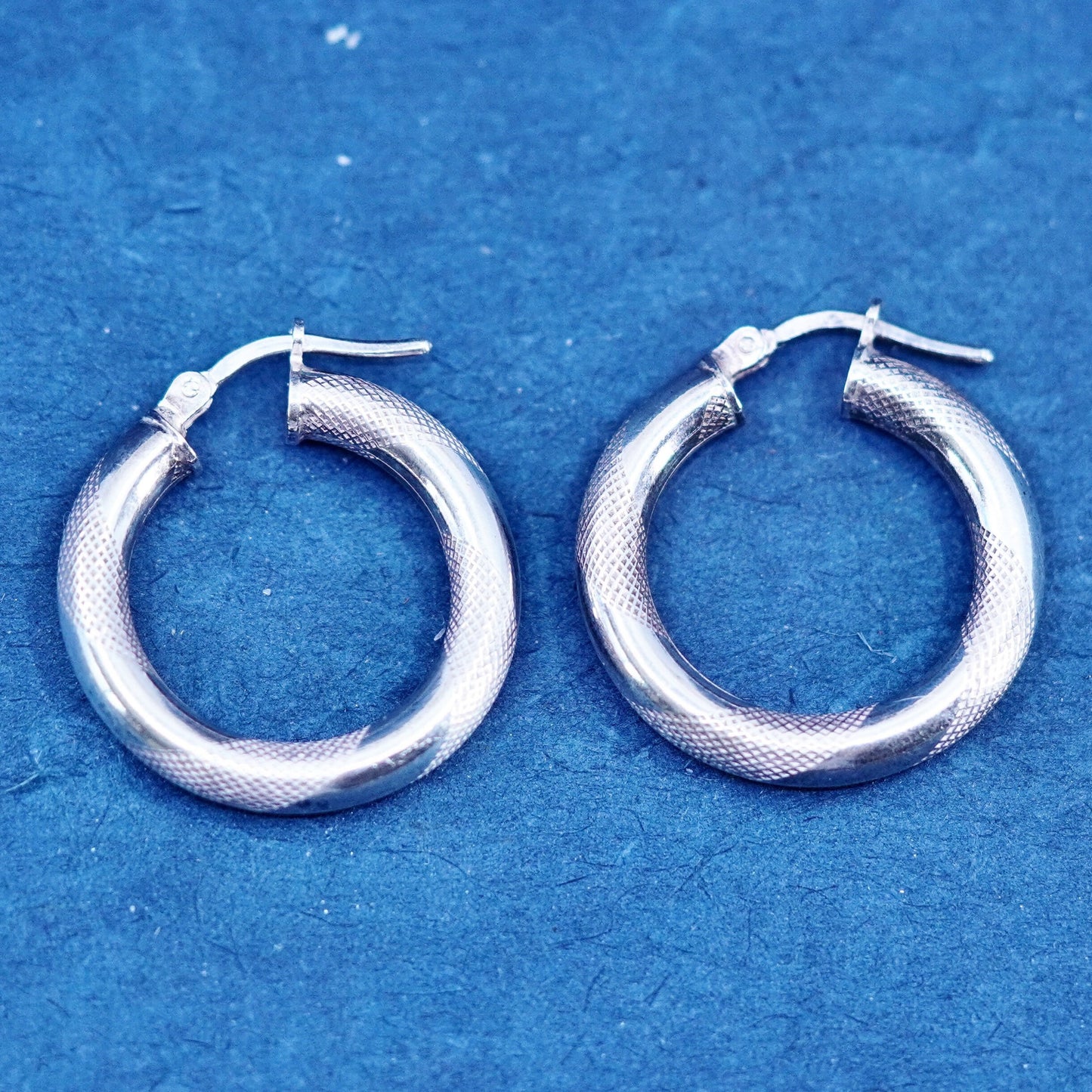 1”, two tone Italy Sterling silver handmade earrings, textured 925 hoops huggie