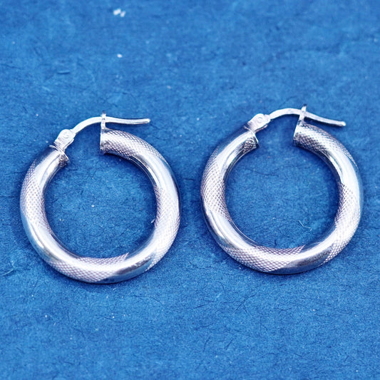1”, two tone Italy Sterling silver handmade earrings, textured 925 hoops huggie