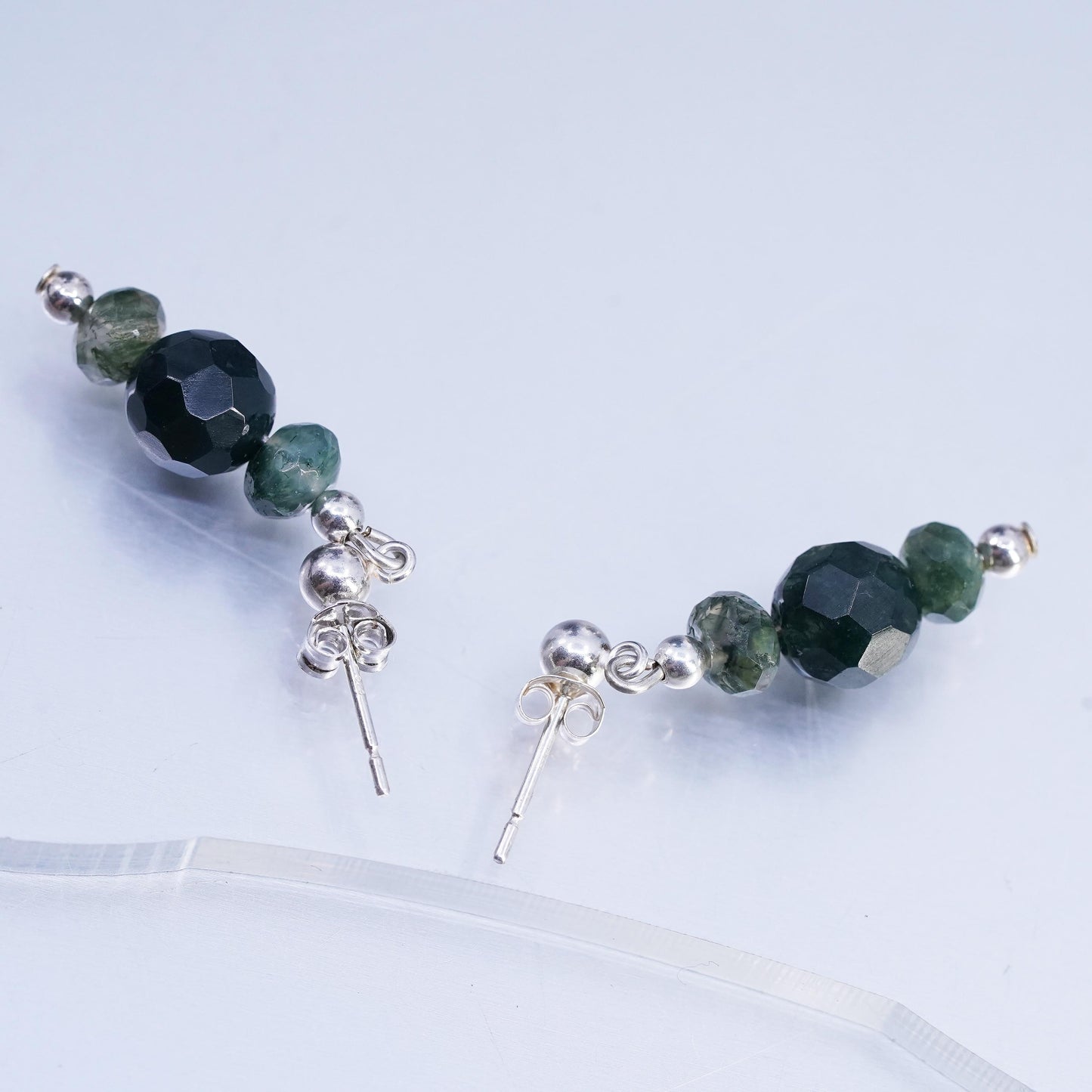 Vinatge sterling silver handmade earrings, 925 studs with moss agate beads