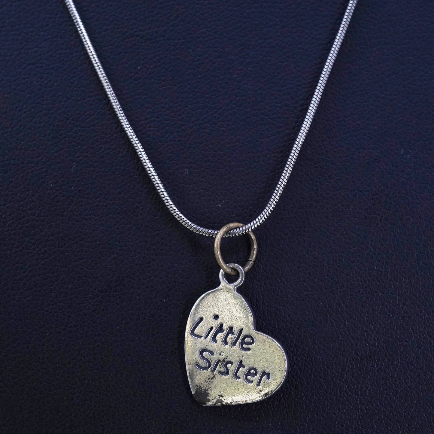 18”, 925 sterling silver circle chain w/ heart pendant embossed “little sister”