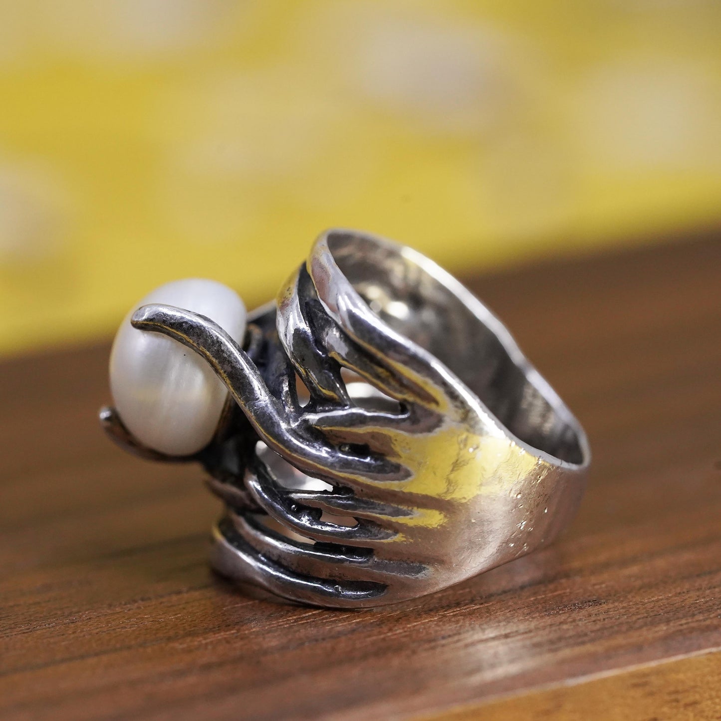 Size 6.75, VTG Israel Noa Zuman sterling silver 925 handmade vine ring pearl