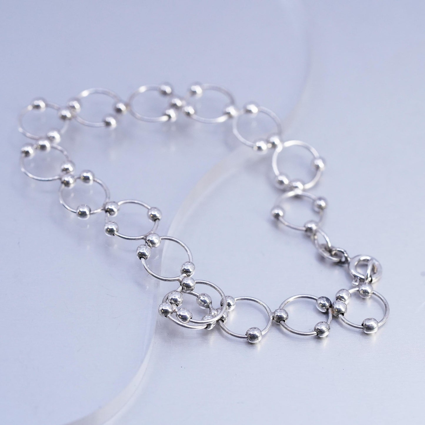6.75" 10mm, Vintage Jewelry Sterling 925 silver bracelet, circle chain w/ beads