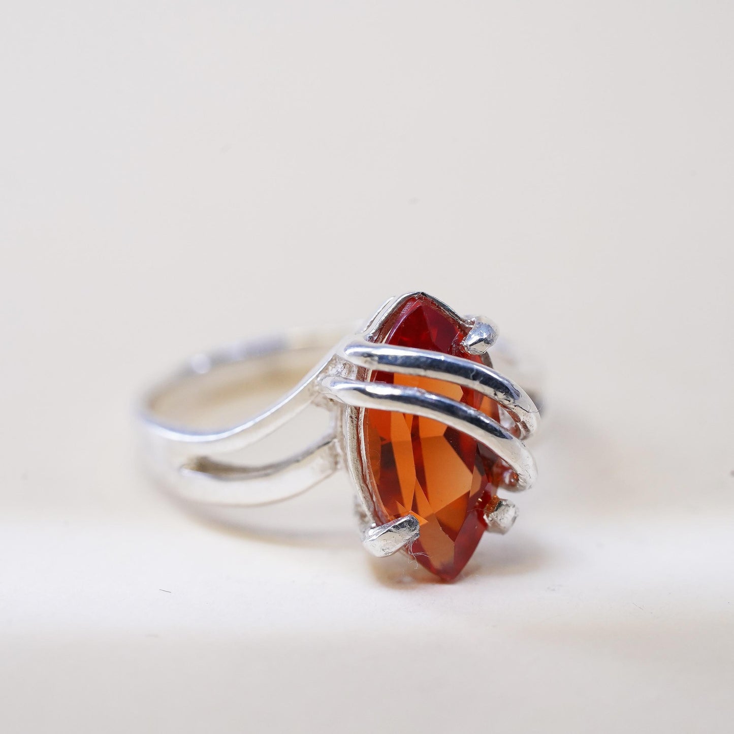 Size 5.75, VTG Sterling silver ring, ring, 925 silver Marquise orange crystal