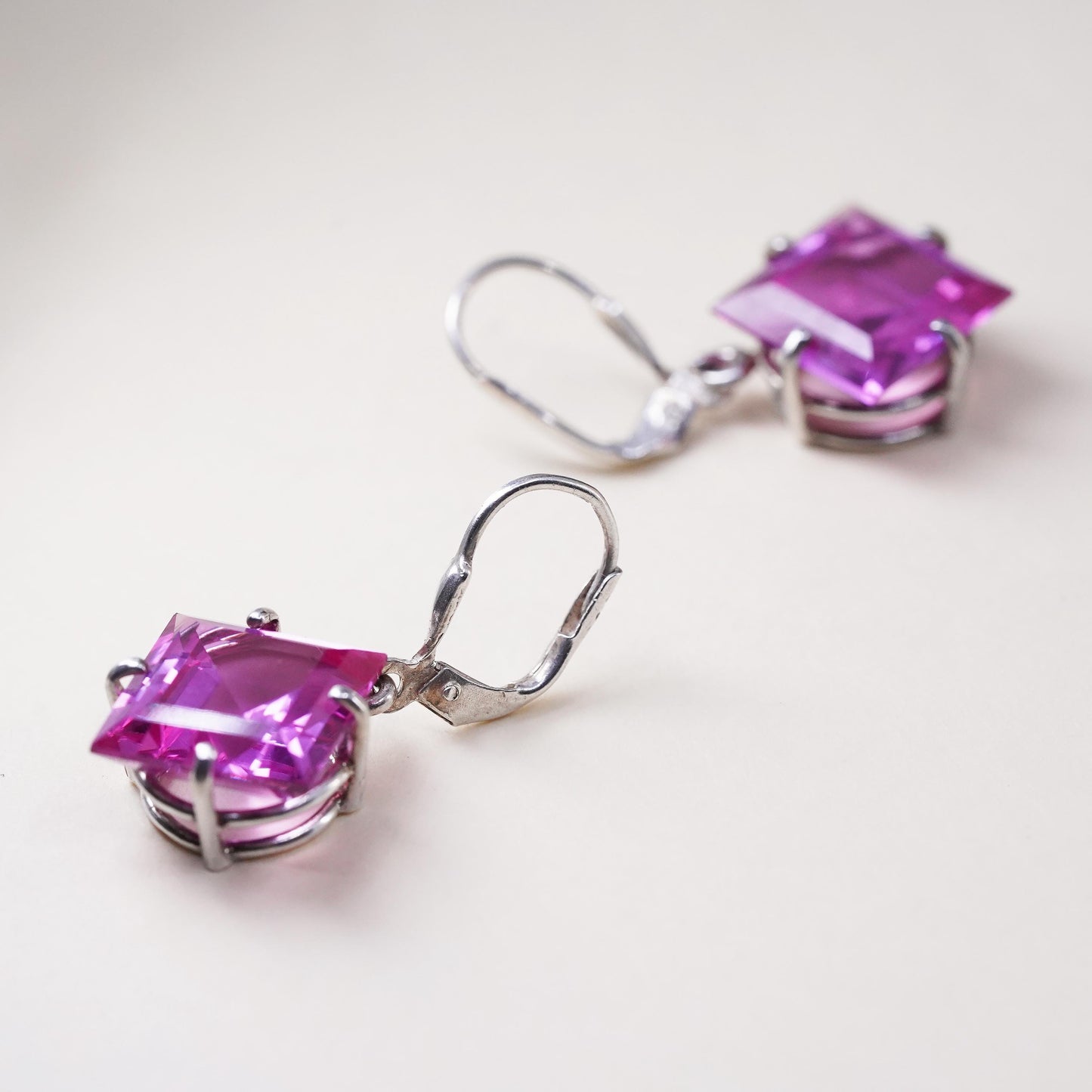 Vintage Sterling 925 silver handmade square earrings with pink crystal