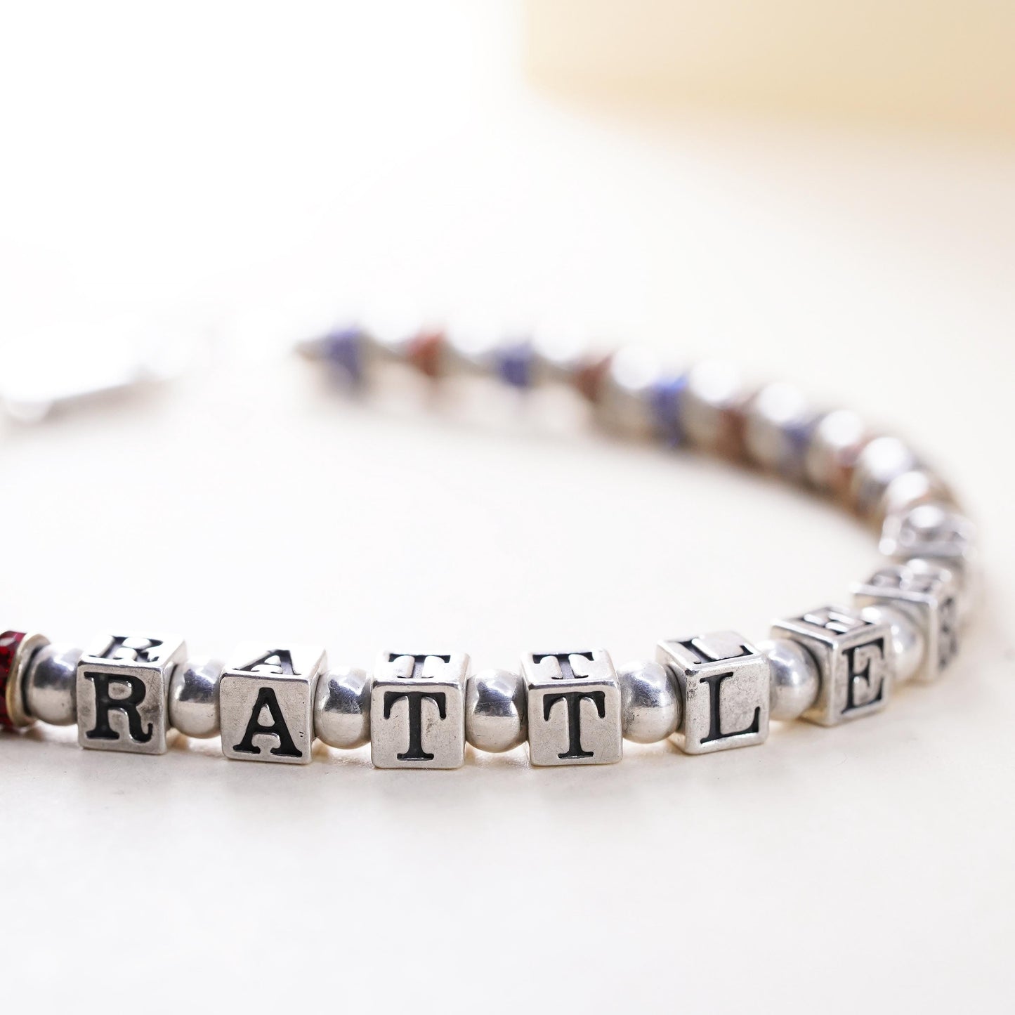 7", vintage Sterling 925 Silver and crystal beads bracelet name Rattlers cubes