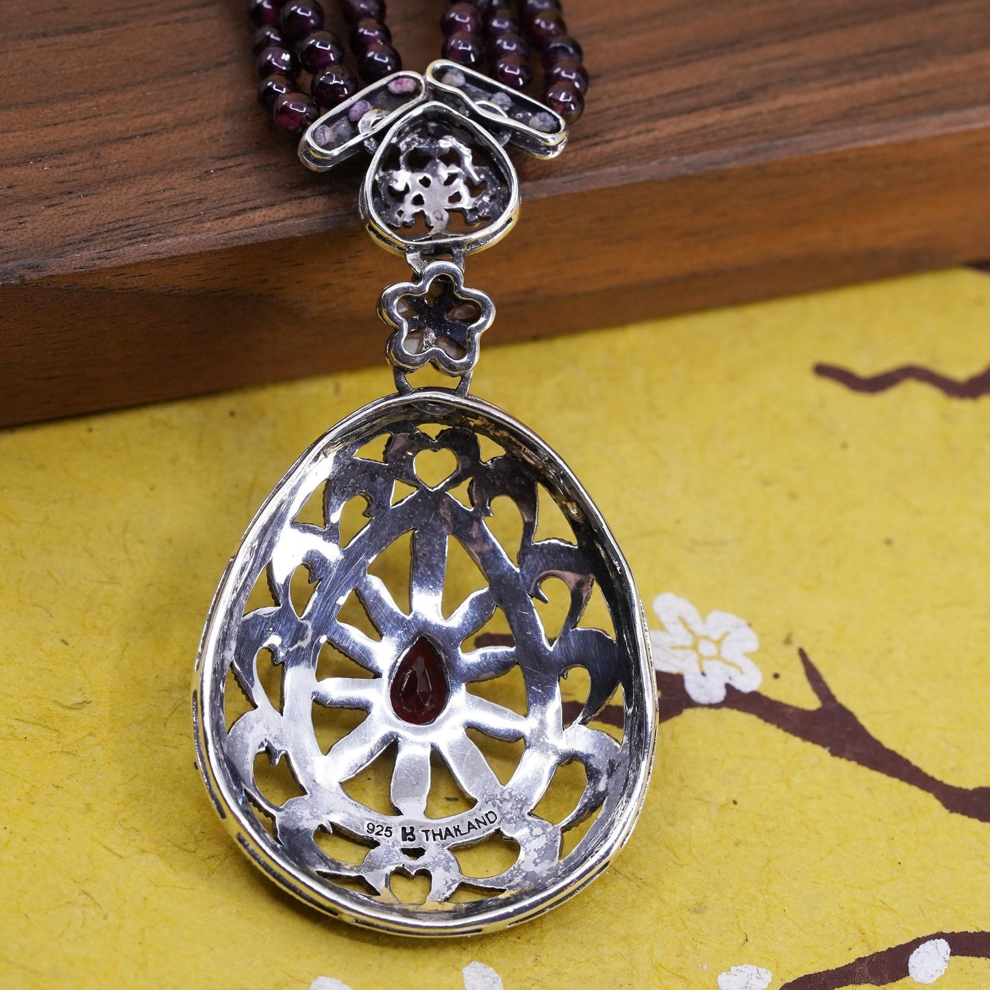 16+2" Sterling 925 silver multi strands necklace marcasite pendant garnet beads
