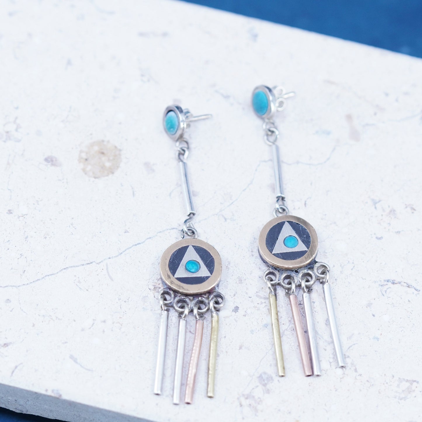 taxco Mexican Sterling silver 925 Piedra Negra dangle inlay earrings fringe