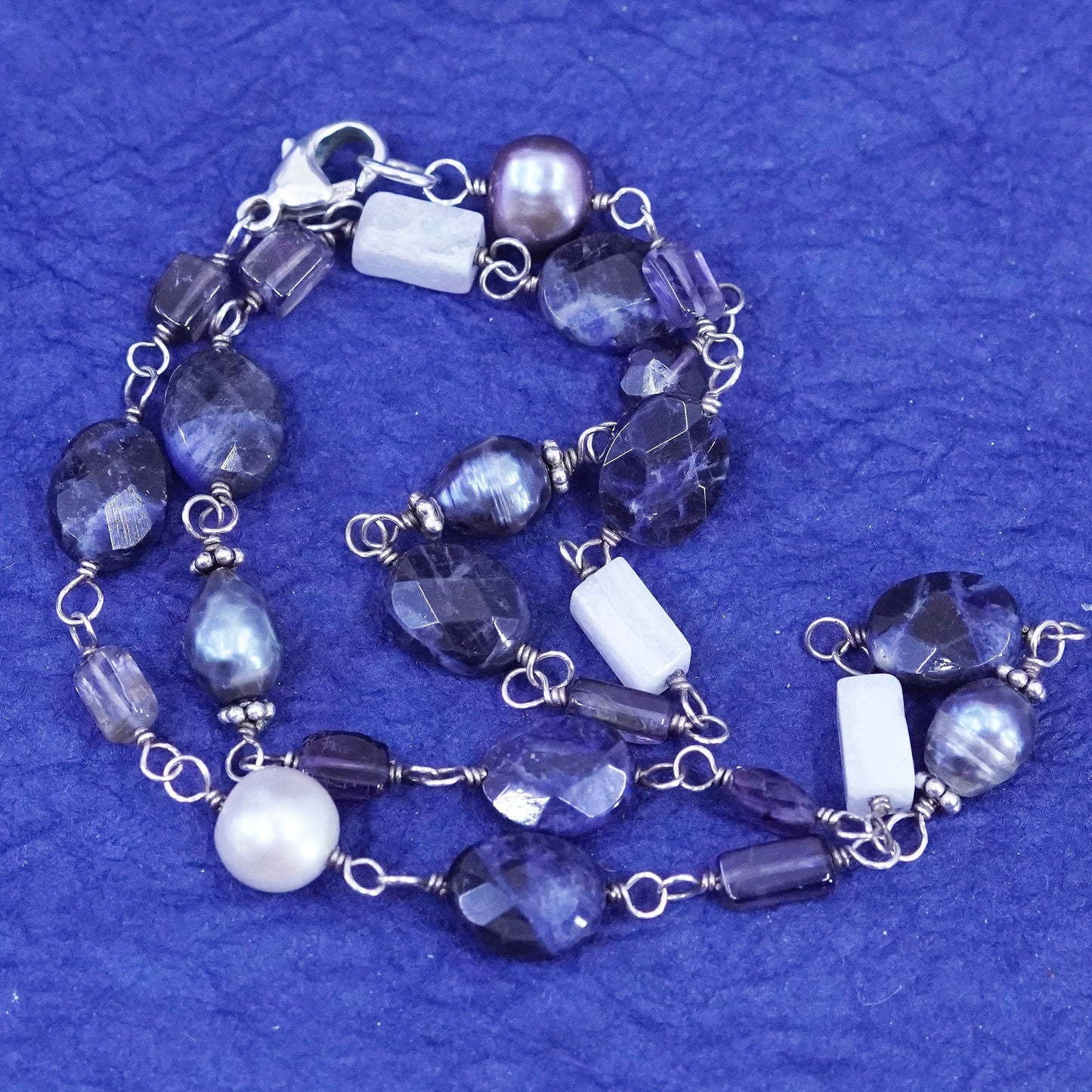 16”, vintage Sterling silver handmade necklace, 925 chain with sodalite beads