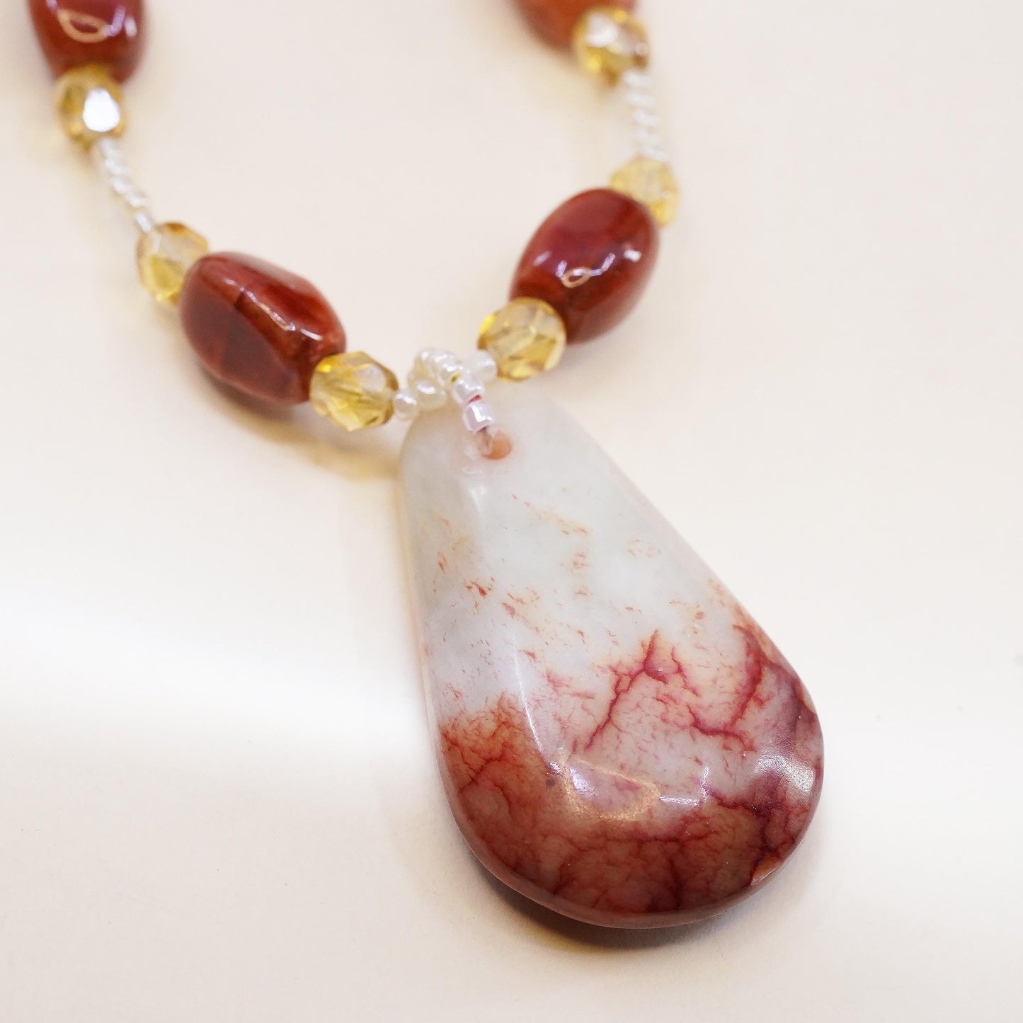 18”, VTG Red Vein Jasper Teardrop Pendant Necklace, Red Enamel Sterling Silver