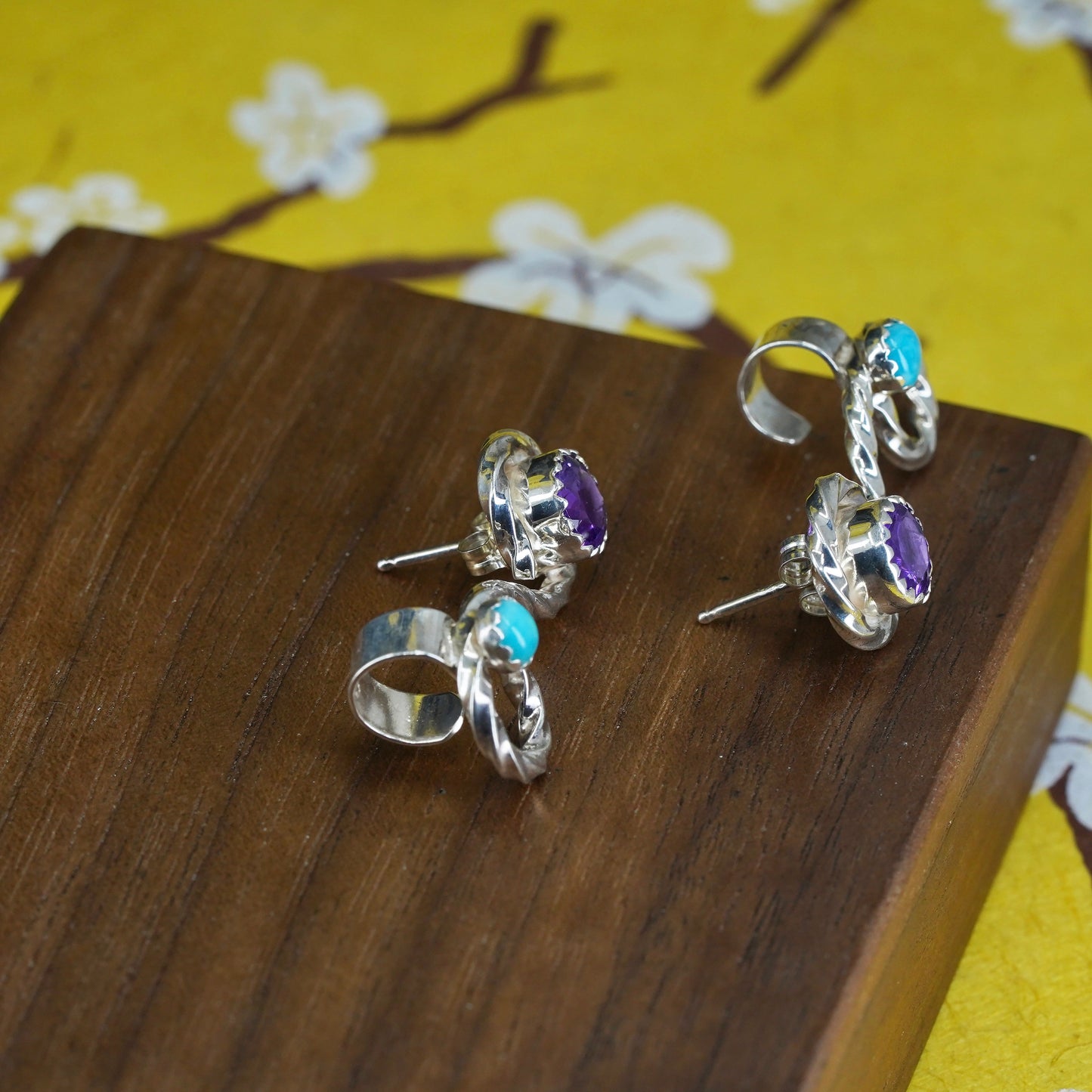 Sterling Silver Native American Earrings, 925 swirly studs turquoise amethyst