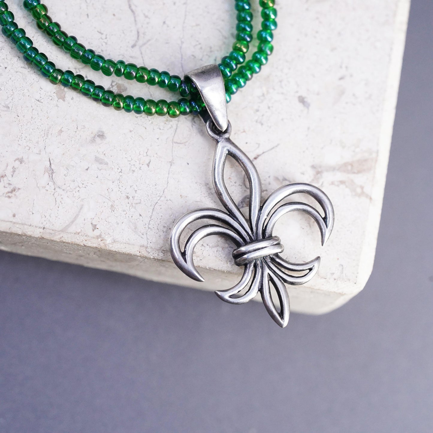 16”, Sterling Silver 925 Fleur de Lis Necklace Beaded Multi Strand 925 French